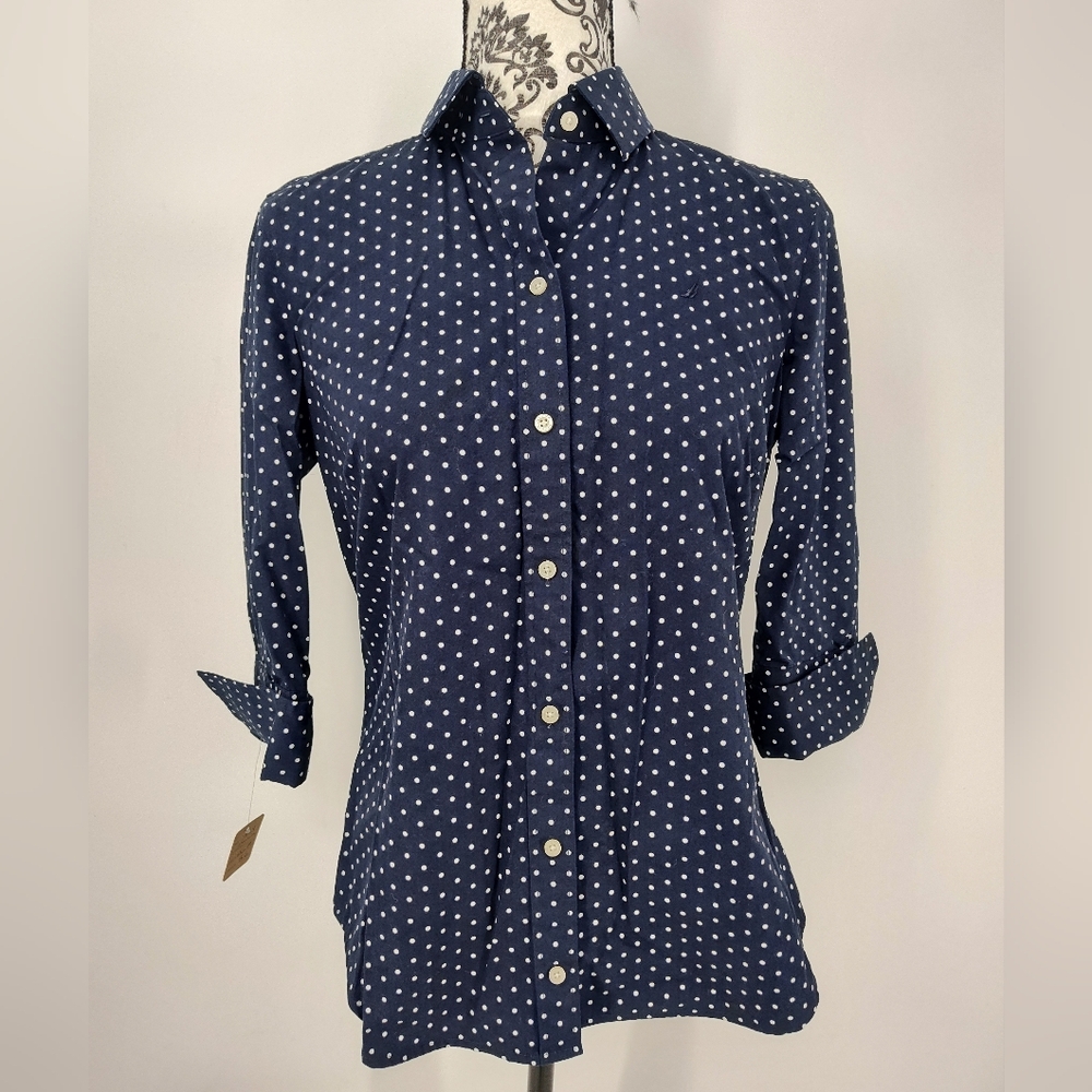 Nautica Women's Navy Polka Dot Half Sleeve Button Down Shirt Size Medium